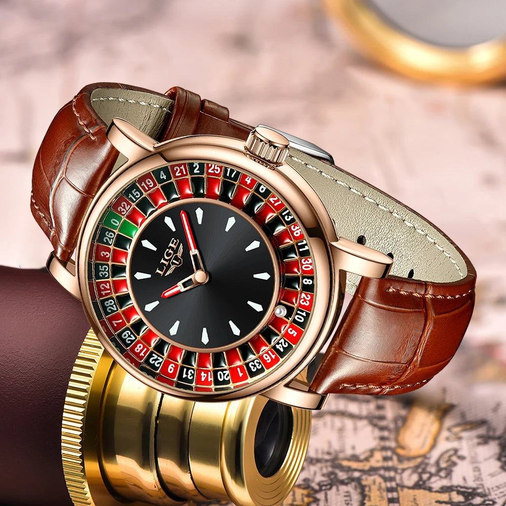 Fashion Brown Leather Men Watch Rotating Dial Las Vegas Roulette Desktop Theme Watch Men Waterproof Luminous Clock Watches