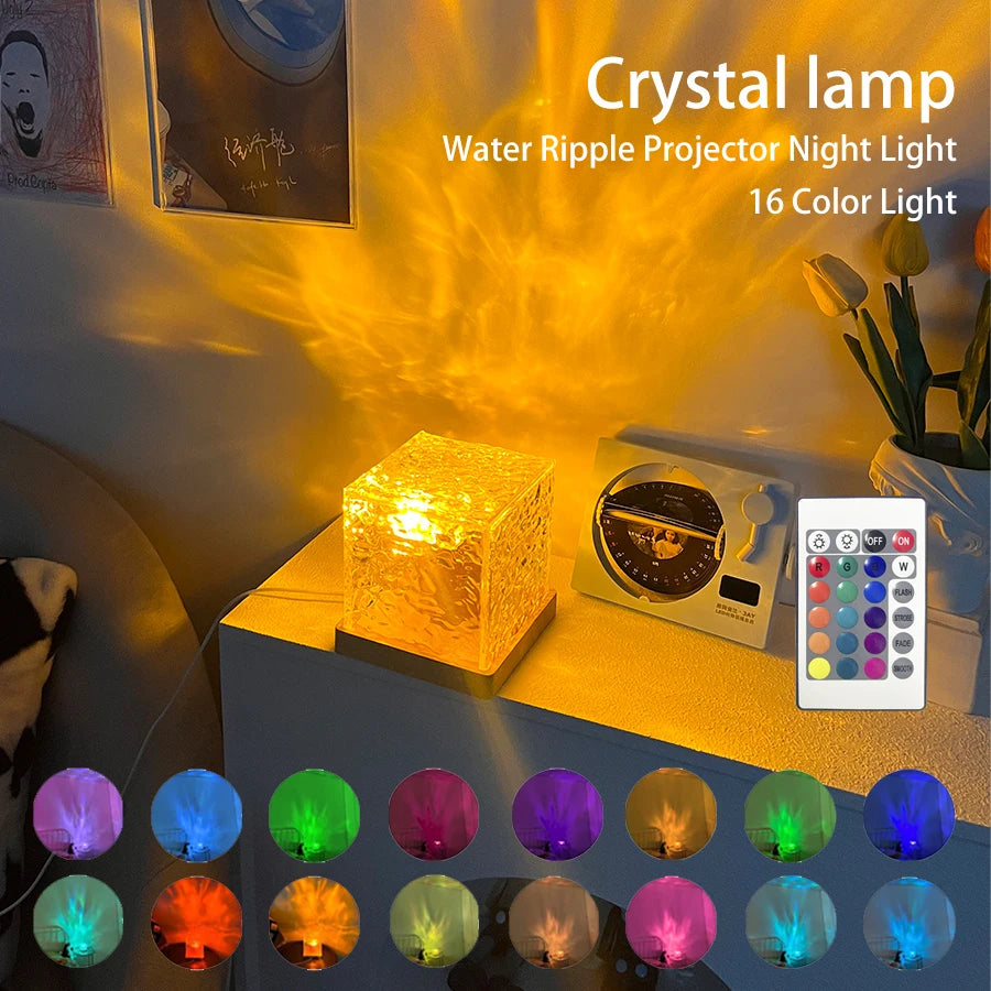 Ocean Wave Aurora Projector Light 16 Colors Dynamic Rotating Flame Crystal Lamp with Remote RGB Dimmable