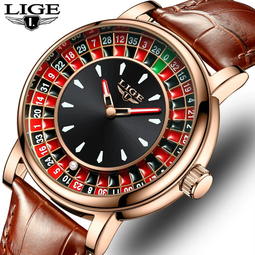 Fashion Brown Leather Men Watch Rotating Dial Las Vegas Roulette Desktop Theme Watch Men Waterproof Luminous Clock Watches