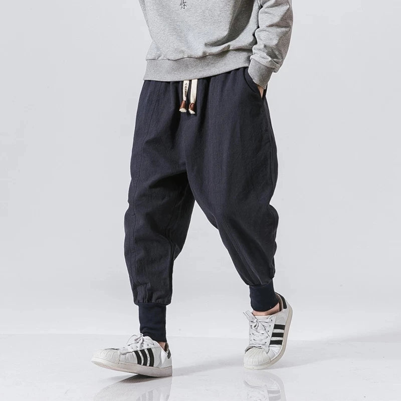 Cotton Linen Harem Pants Men Solid Elastic Waist Streetwear Joggers New Baggy Drop-Crotch Pants Casual 