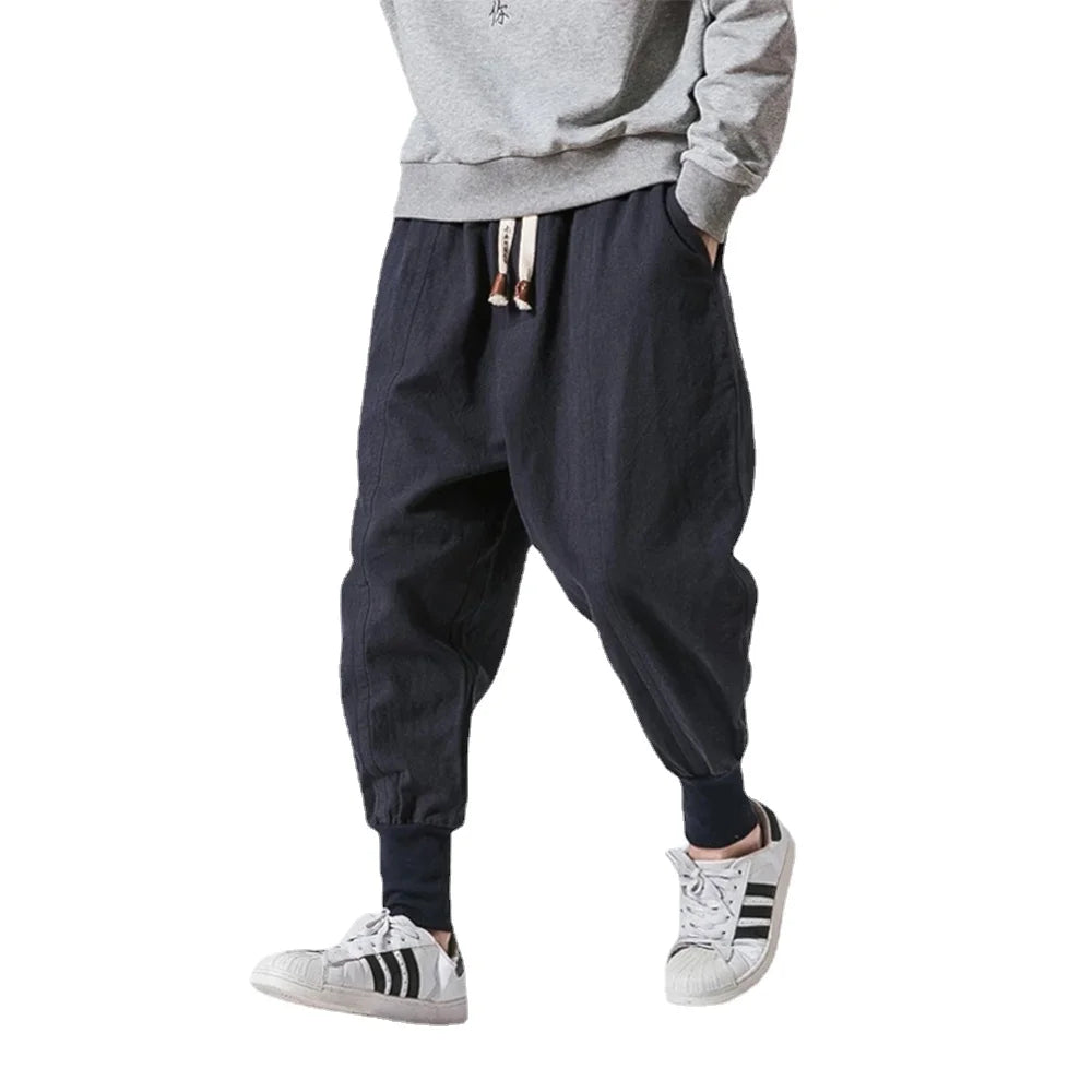 Cotton Linen Harem Pants Men Solid Elastic Waist Streetwear Joggers New Baggy Drop-Crotch Pants Casual 