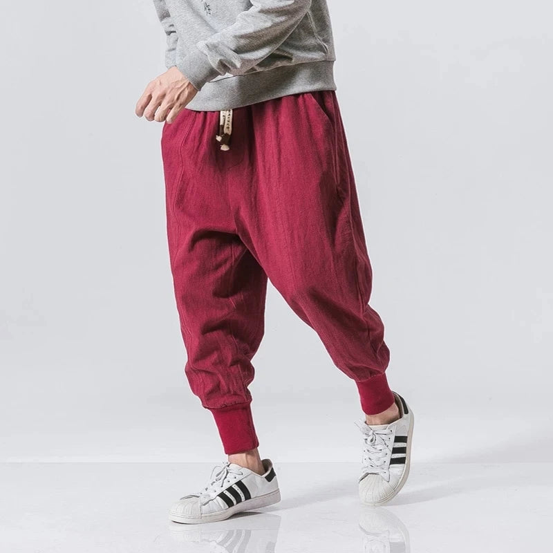 Cotton Linen Harem Pants Men Solid Elastic Waist Streetwear Joggers New Baggy Drop-Crotch Pants Casual 