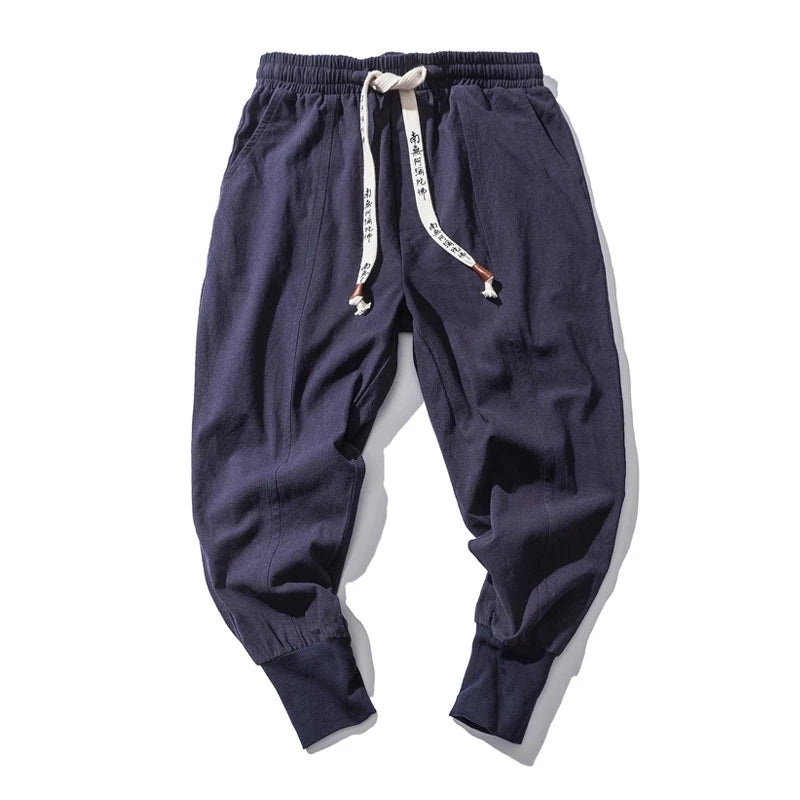 Cotton Linen Harem Pants Men Solid Elastic Waist Streetwear Joggers New Baggy Drop-Crotch Pants Casual 