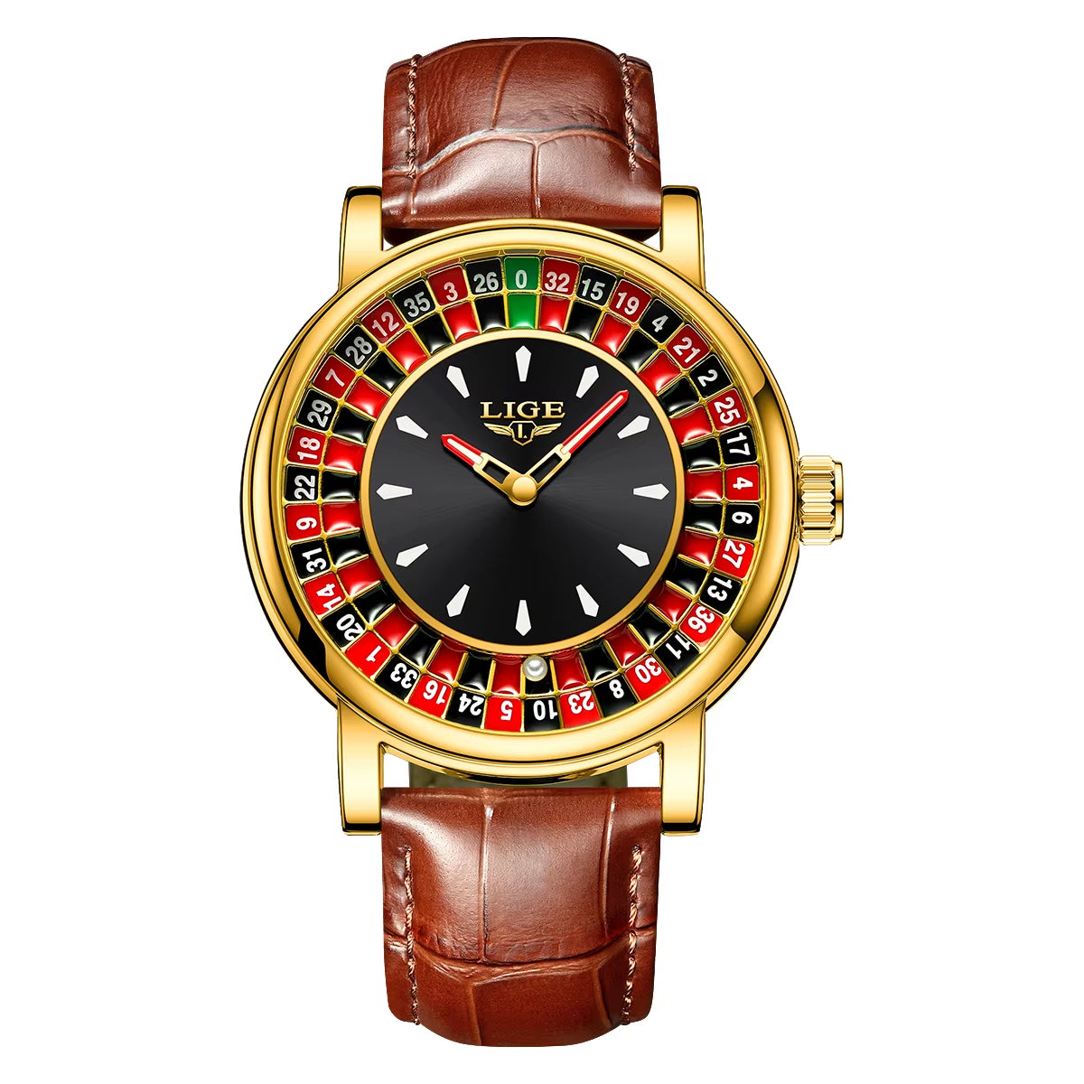 Fashion Brown Leather Men Watch Rotating Dial Las Vegas Roulette Desktop Theme Watch Men Waterproof Luminous Clock Watches